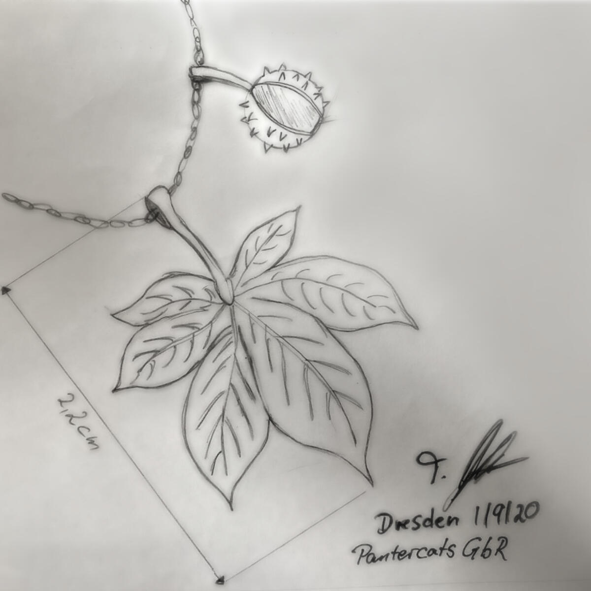 In this image, a captivating design of a chestnut, artfully drawn by Tomas, co-owner of Pantercats, is showcased. The design is transformed into an extraordinary necklace made from exquisite 925 silver. Inspired by the beauty of nature during a family outing, this artwork captures the essence of Pantercats.