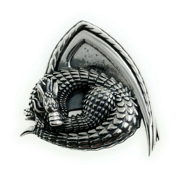 Extraordinary sleeping dragon pendant made of oxidized 925 silver
