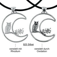 Owl with moon motif of wisdom 925 silver rhodium -plated...