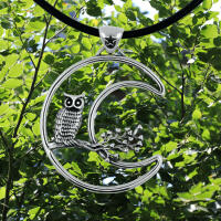Owl with moon motif of wisdom 925 silver rhodium -plated or oxidized