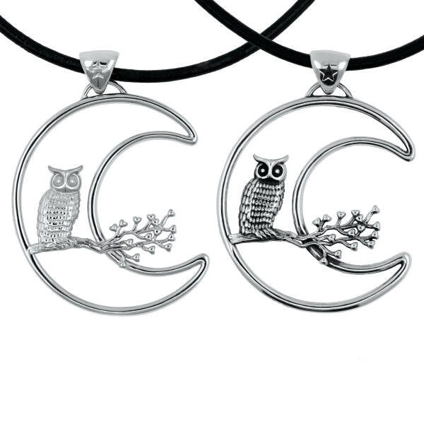Large owl with moon motif of wisdom pendant 925 silver Pantercats