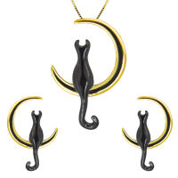 Schmuckset Luna schwarze Katze auf goldenen Mond aus 925...