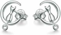Silver Cats Sitting on the Moon Earrings in 925 Silver