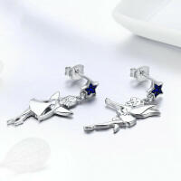 Special large fairy stud earrings made 925 silver with blue zirconia