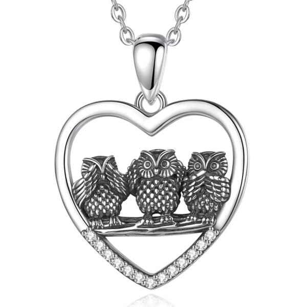 Special Pendant as Heart with 3 Owls in 925 Silver