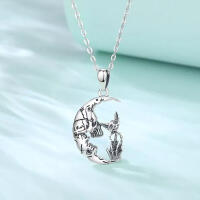 Extraordinary skeleton cat with moon necklace pendant 925 silver