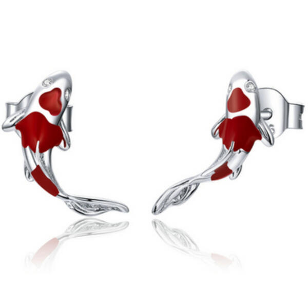 Impressive fish stud earrings as red koi carp made of 925 silver