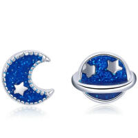Elegant planet and moon with blue enamel stud earrings...
