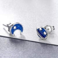 Elegant planet and moon with blue enamel stud earrings...