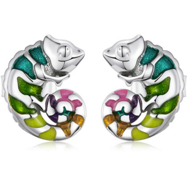 Charming colorful chameleon stud earrings with enamel made 925 silver