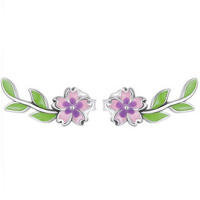 Charming purple flower stud earrings green enamel made of 925 silver