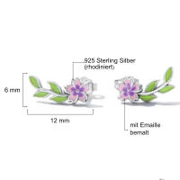 Charming purple flower stud earrings green enamel made of 925 silver