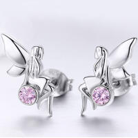 Special fairy stud earrings made of 925 silver sit on a pink zirconia