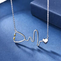 Special necklace stetoscope with heart curve and heart made of 925 silver