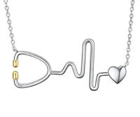 Besondere Halskette Stetoskop mit Herzkurfe und Herz aus 925 Silber