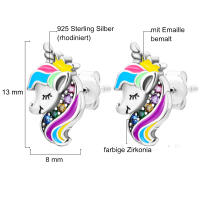 Stud earrings unicorn with enamel and zirconias