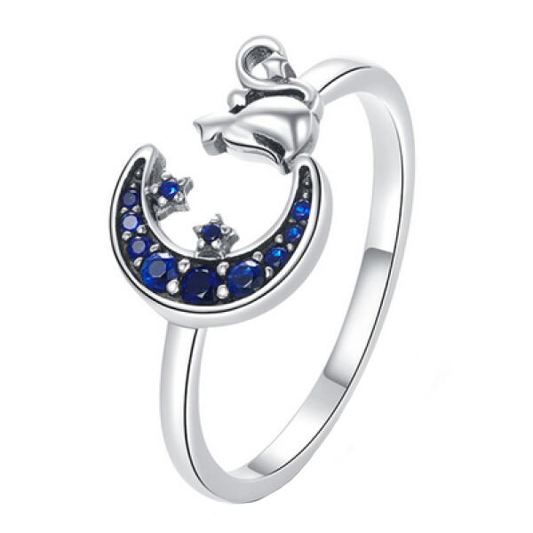Ring Katze mit Mond und blauen Zirkonias
