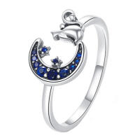 adjustable 925 Silver Cat Ring with Moon and Blue Zirconias