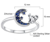 925 Silber Ring Katze mit Mond und blauen Zirkonias