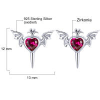 Noble bat with sword and red heart stud earrings made of...