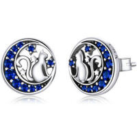 Small cute cat stud earrings made of 925 silver and blue...