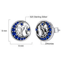 Small cute cat stud earrings made of 925 silver and blue zirconia moon