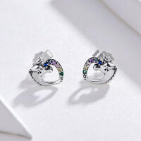 Charming little unicorn with heart stud earrings made of 925 silver colorful