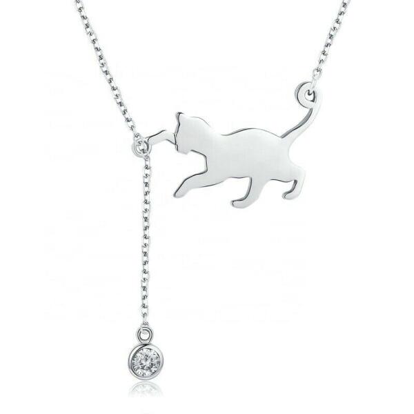 Halskette aus 925 Silber mit spielender Katze und Zirkonia