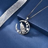 Special wolf head and moon with stars pendant made of 925 silver